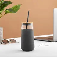 JoyJolt - Large Tumbler Cup with Lid, Sleeve and Two Straws (Grey)